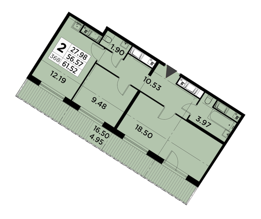 2-комнатная квартира 61.52 м², 14/14 эт., ЖК «GloraX City Zanevsky»